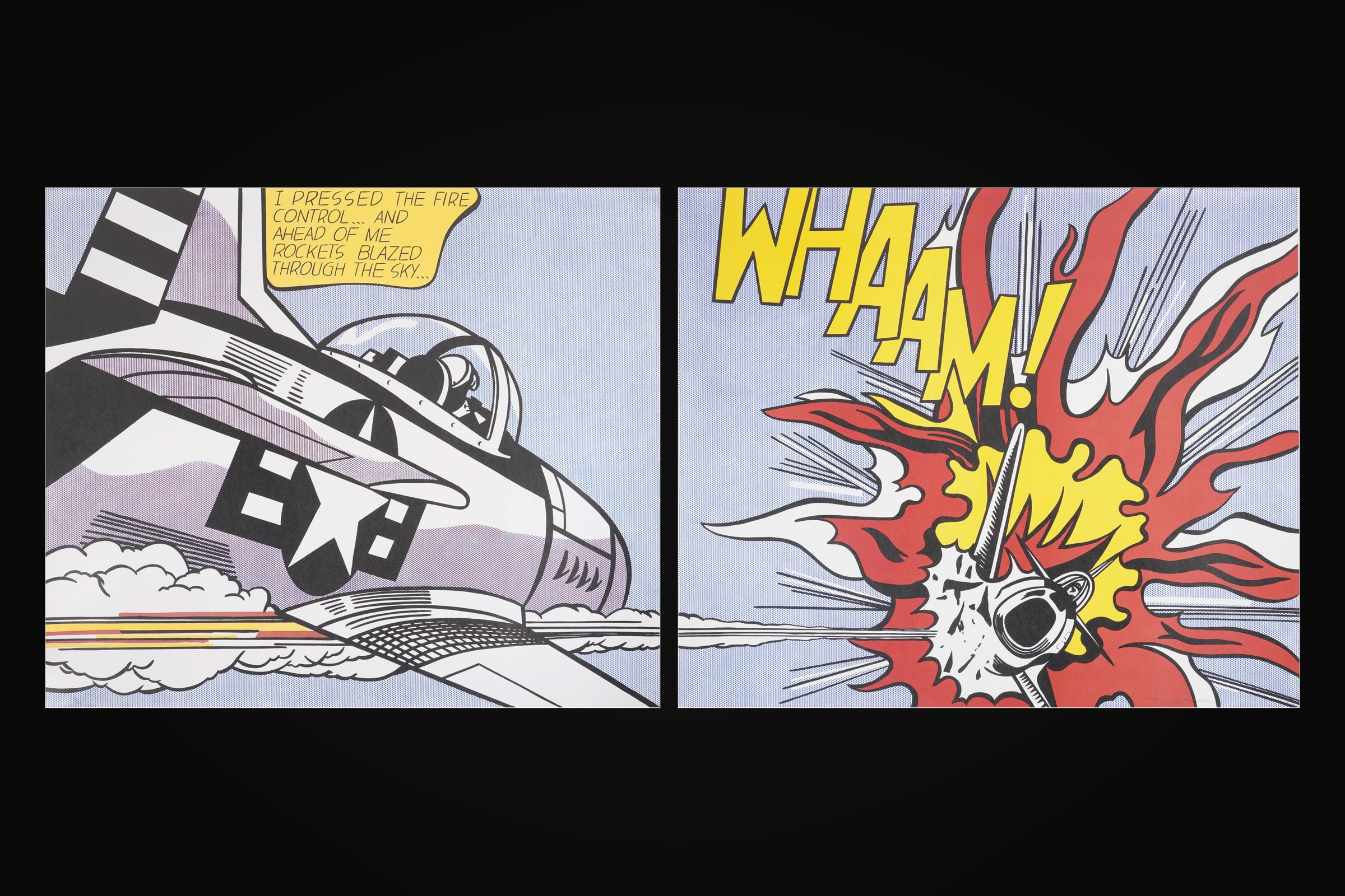 A two-panel Pop Art print: a fighter plane firing rockets with the caption I pressed the fire control, and an exploding plane beneath the word WHAAM!
