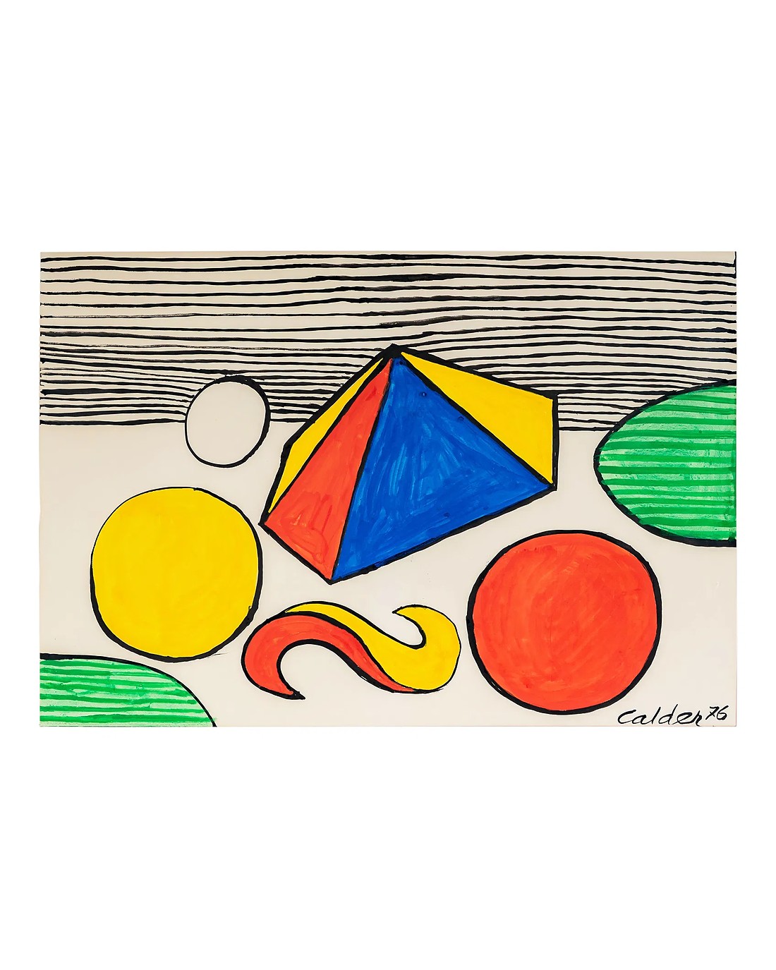A Calder gouache of a red, blue and yellow pyramid among coloured discs, signed and dated 76
