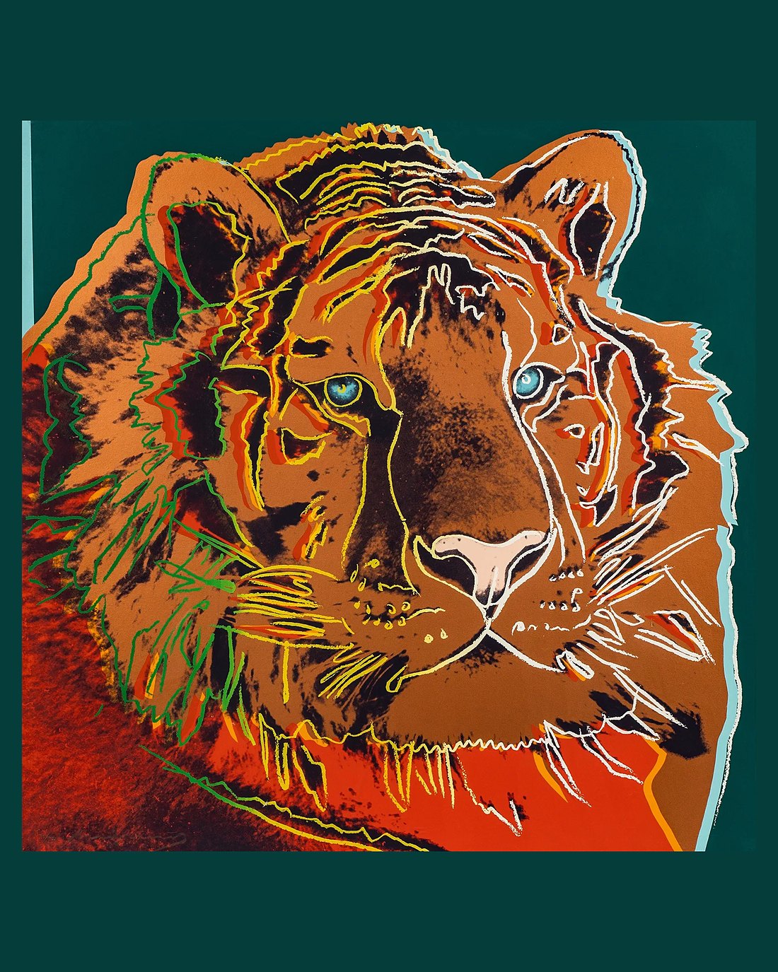 Andy Warhol's screenprint of a tiger's head in orange and red against a deep green ground