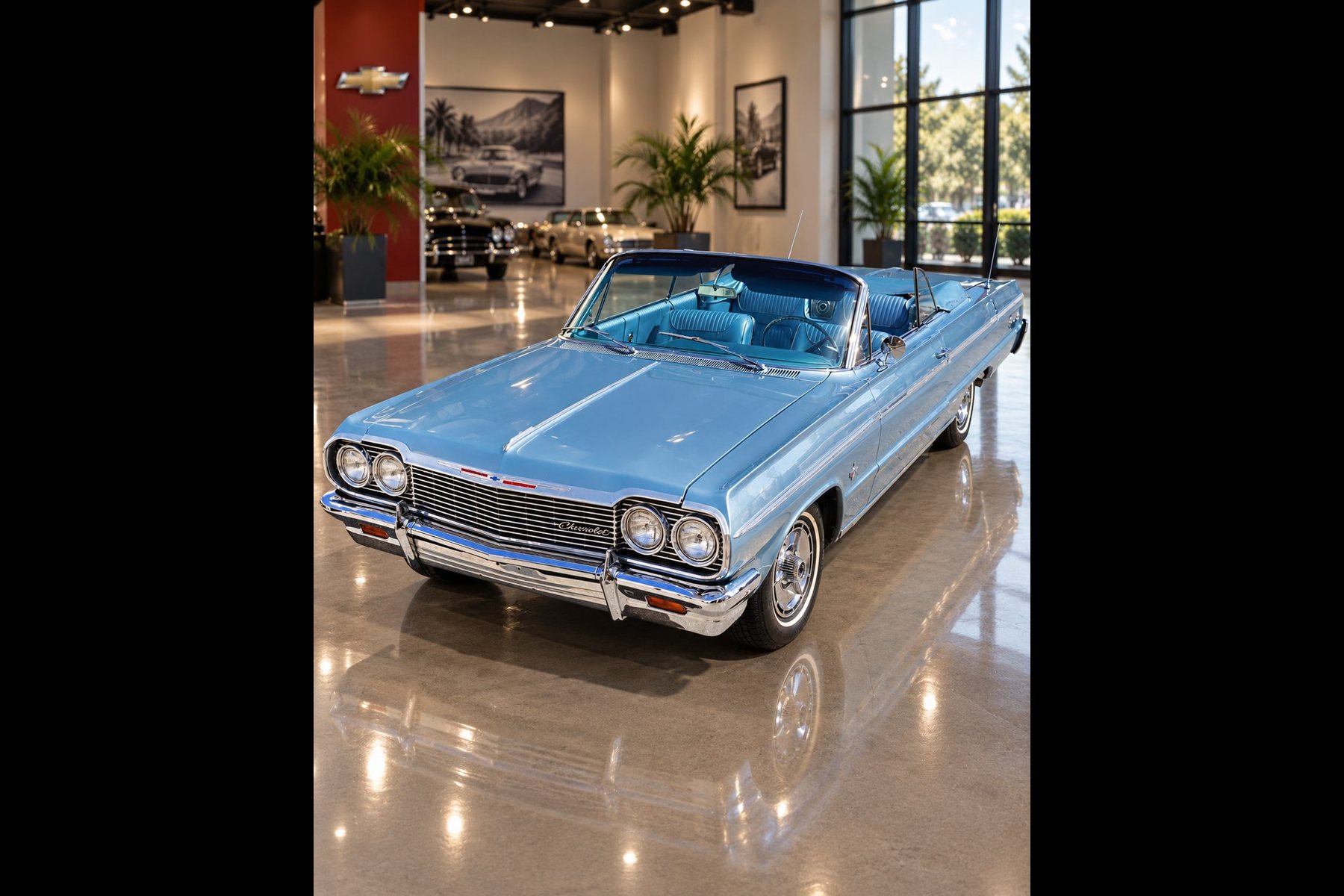 A light blue 1964 Chevrolet Impala SS convertible with a blue interior, in a showroom