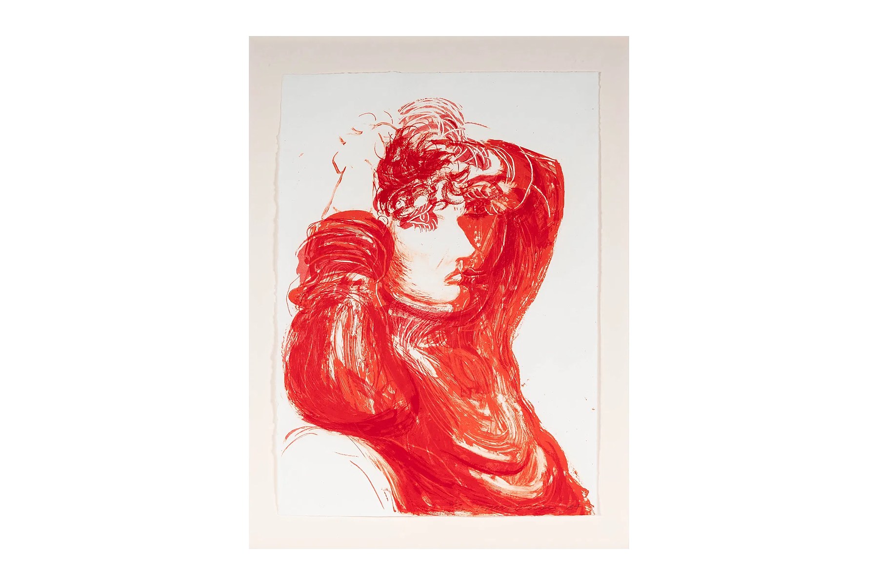 A red monotype portrait of a woman with her arm raised above her head