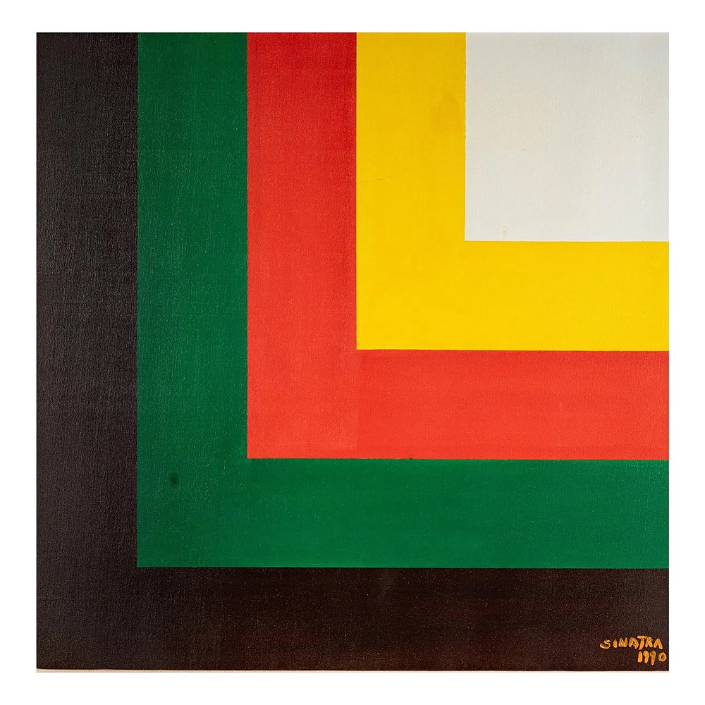 A geometric painting in black, green, red, yellow and white, signed Sinatra 1990